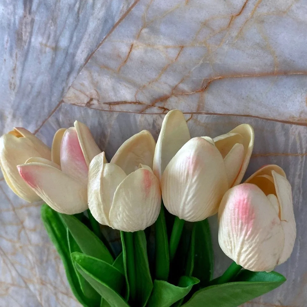 5 Piece Artificial Tulip Stems Cream Pink Faux Silk Flowers Spring Home Decor